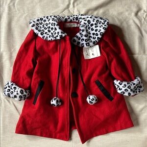 Jiunn Shing Design Chic Red Pea Coat with Leopard Accents
